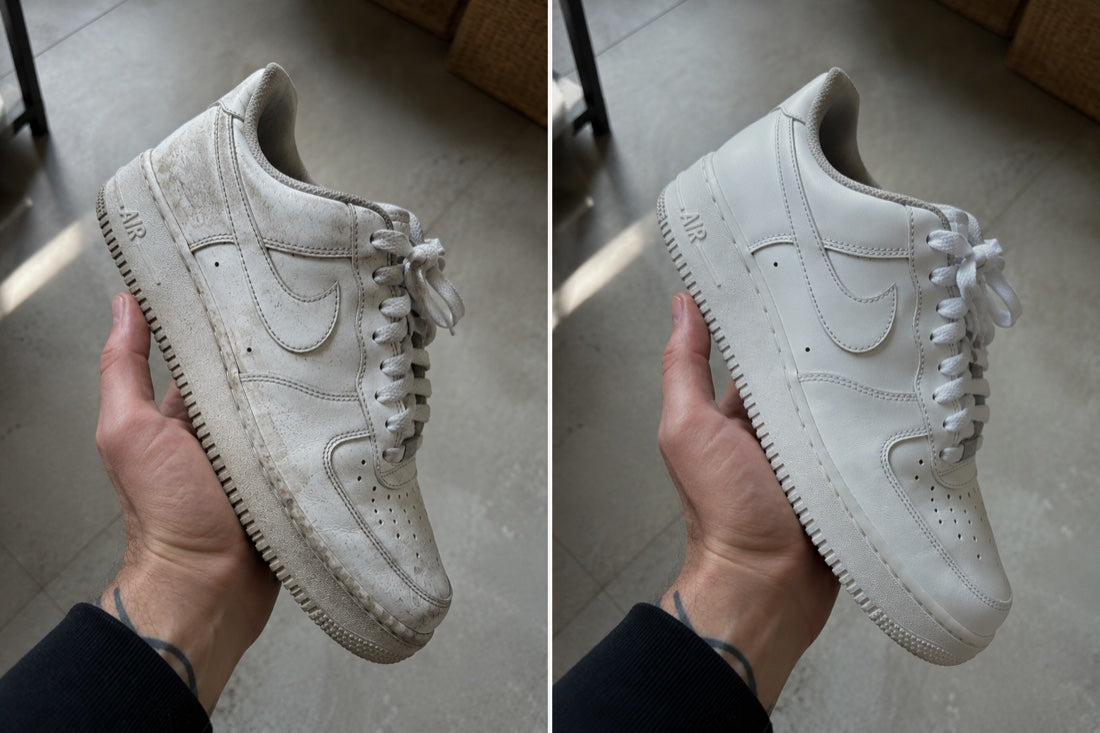 Derselbe Sneaker vor und nach der Reinigung mit SPUMA