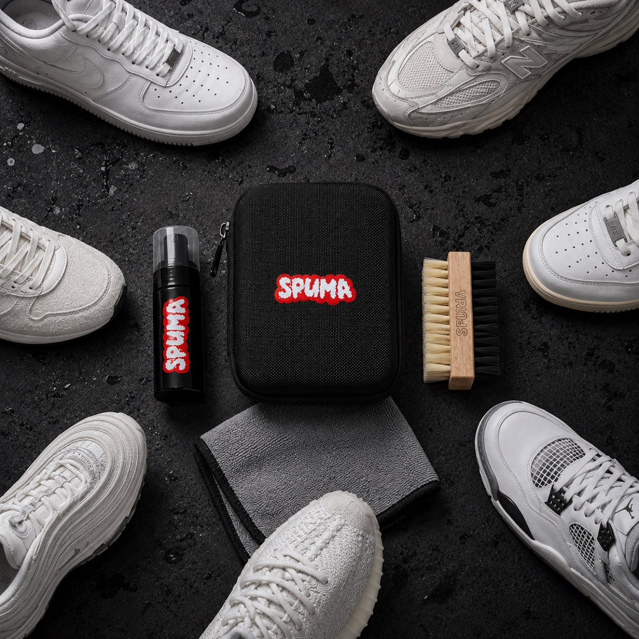 Das SPUMA Kit umgeben von Sneakern aller Modelle