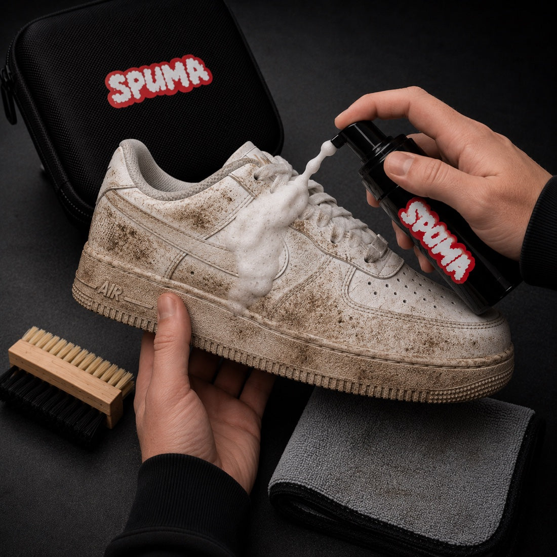 SPUMA Schaum wird auf den Sneaker aufgetragen